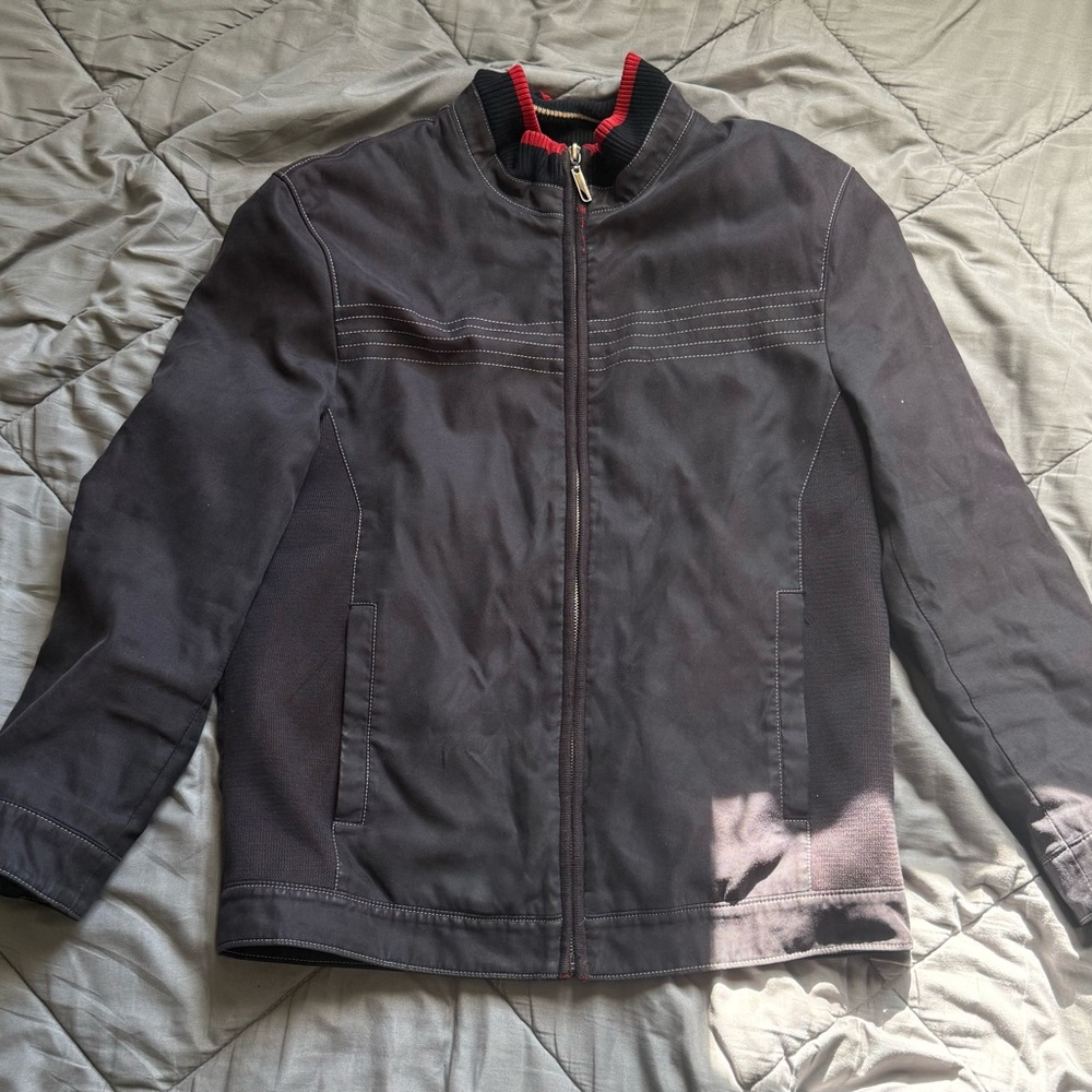 Black and Red Bomber Jacket with Stand-Up Collar